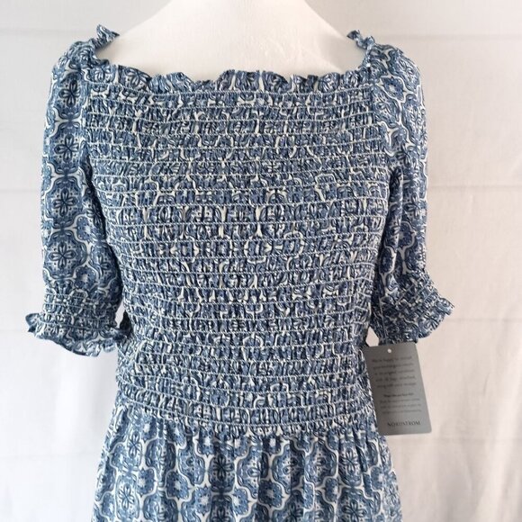 Max Studio Smocked Tiered Maxi Dress Cream Sky Size L NWT Short Sleeve - Picture 3 of 11